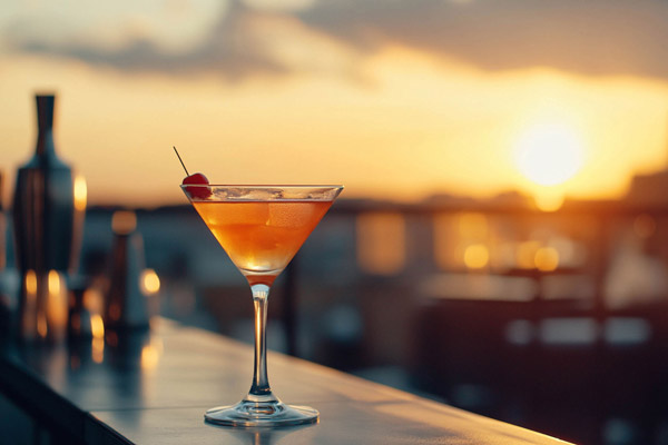 Cocktail im Abendrot – Adobe Stock No. 1300347189 Close-up of a fancy cocktail at the rooftop bar with sunset in the background. © AllieGraphix