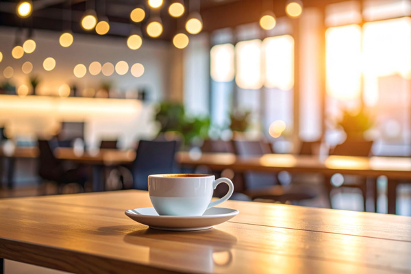 テーブルに置かれたコーヒーカップ　モダンなカフェのイメージのシンプルな背景 © 健 板澤