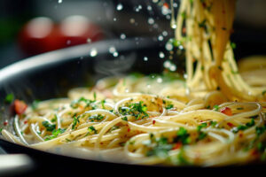 Spaghetti-Motiv – Adobe Stock No. 779723584 Spaghetti aglio olio e peperoncino, Nahaufnahme © Markus Herzog